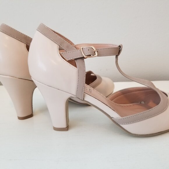 Vintage Style Round Toe T-Strap Two Tone Nude Ladies Heels Size 7 1/2 Brand New - Picture 10 of 11